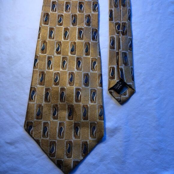 Vintage Perry Ellis Portfolio Mens Tie 100% Silk Gold/blue - Picture 1 of 5